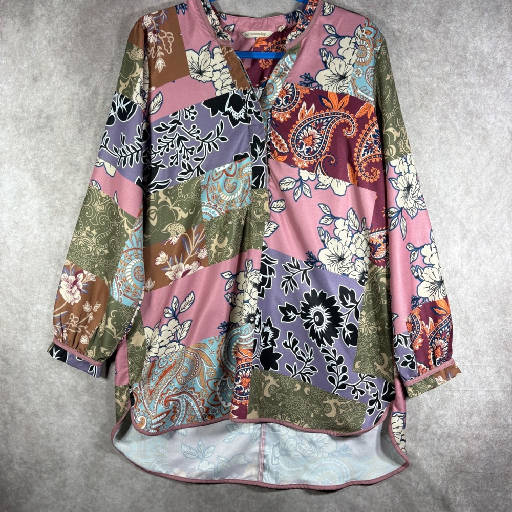 Soft Surroundings Tunic Top Women XL Pink Patchwork Boho Paisley Floral Festival